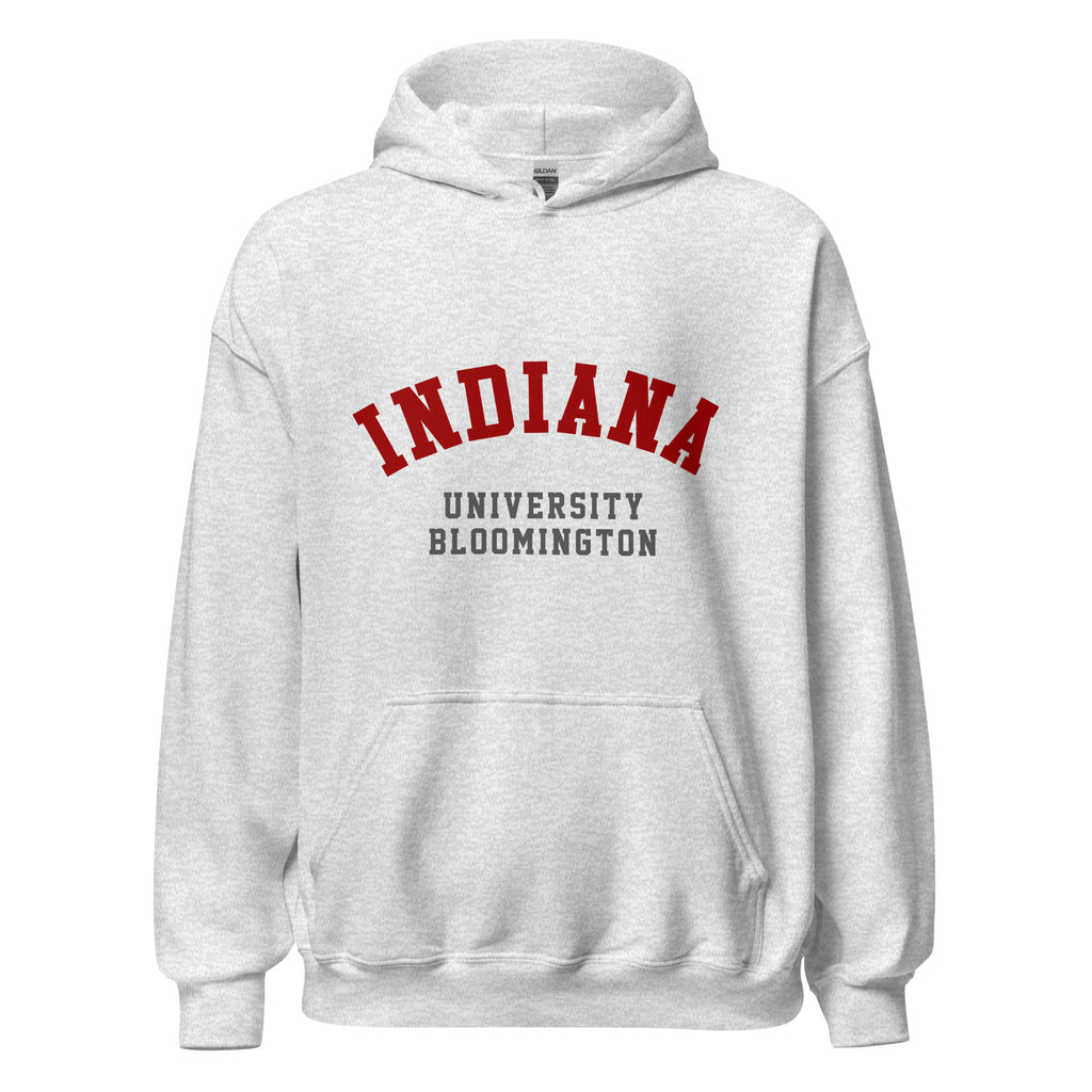 Unisex black hoodie featuring Indiana University Bloomington logo printed across the front chest