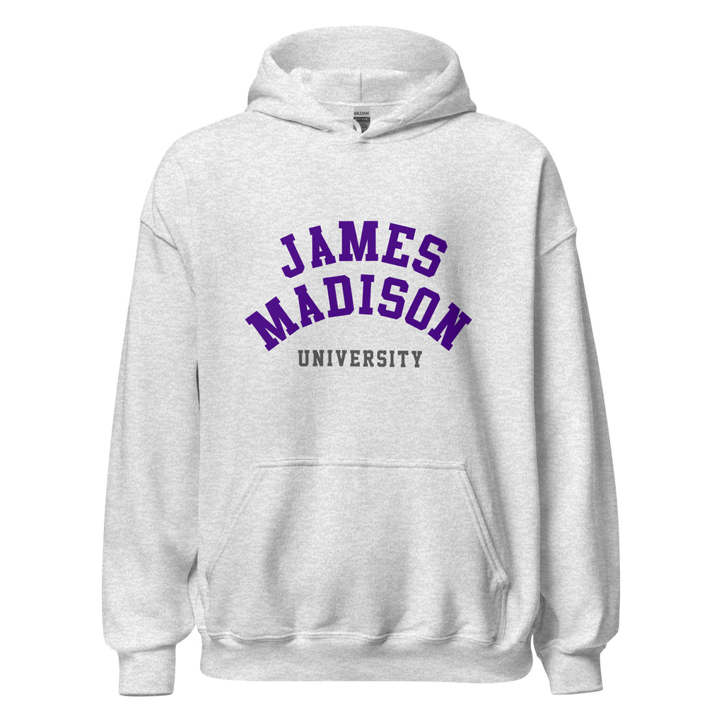 Unisex black hoodie featuring James Madison University logo printed across the front chest