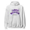 Unisex black hoodie featuring James Madison University logo printed across the front chest