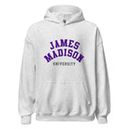 Unisex black hoodie featuring James Madison University logo printed across the front chest