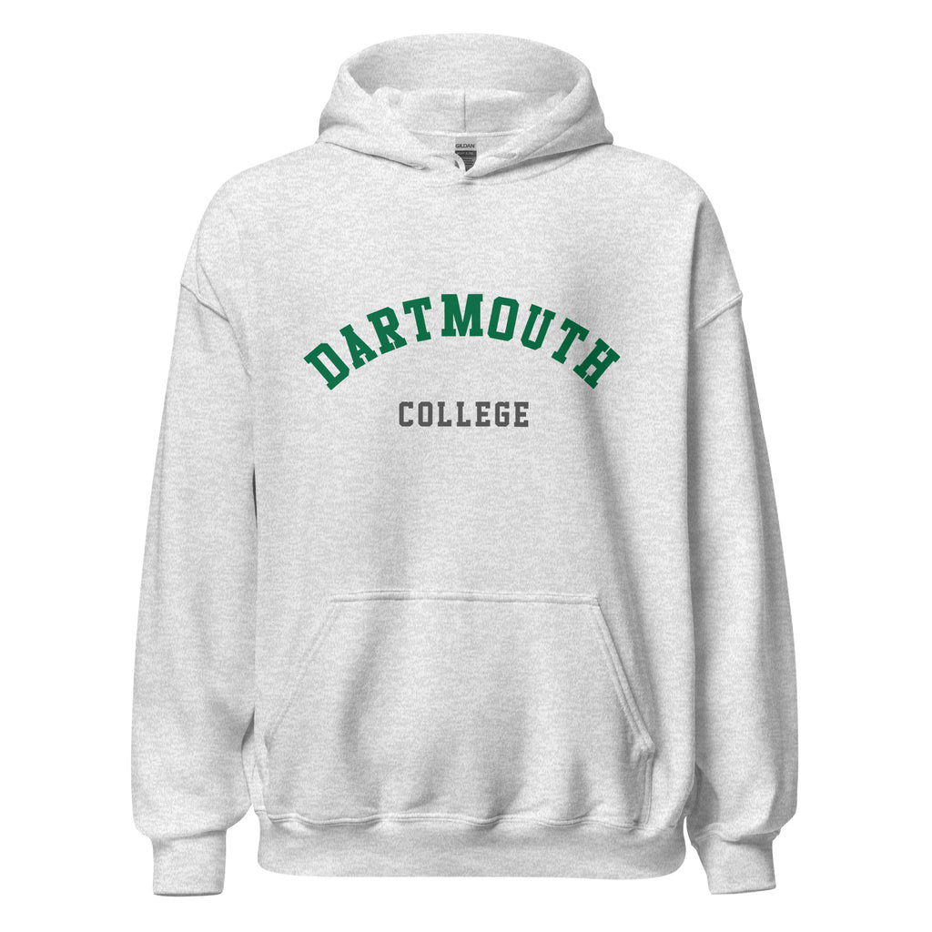 Unisex black hoodie featuring Dartmouth College logo printed across the front chest
