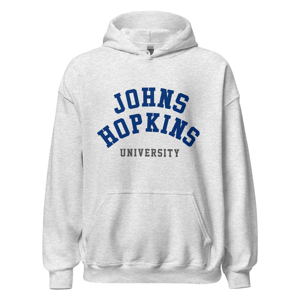 Unisex black hoodie featuring Johns Hopkins University logo printed across the front chest