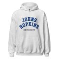 Unisex black hoodie featuring Johns Hopkins University logo printed across the front chest