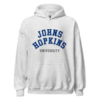 Unisex black hoodie featuring Johns Hopkins University logo printed across the front chest