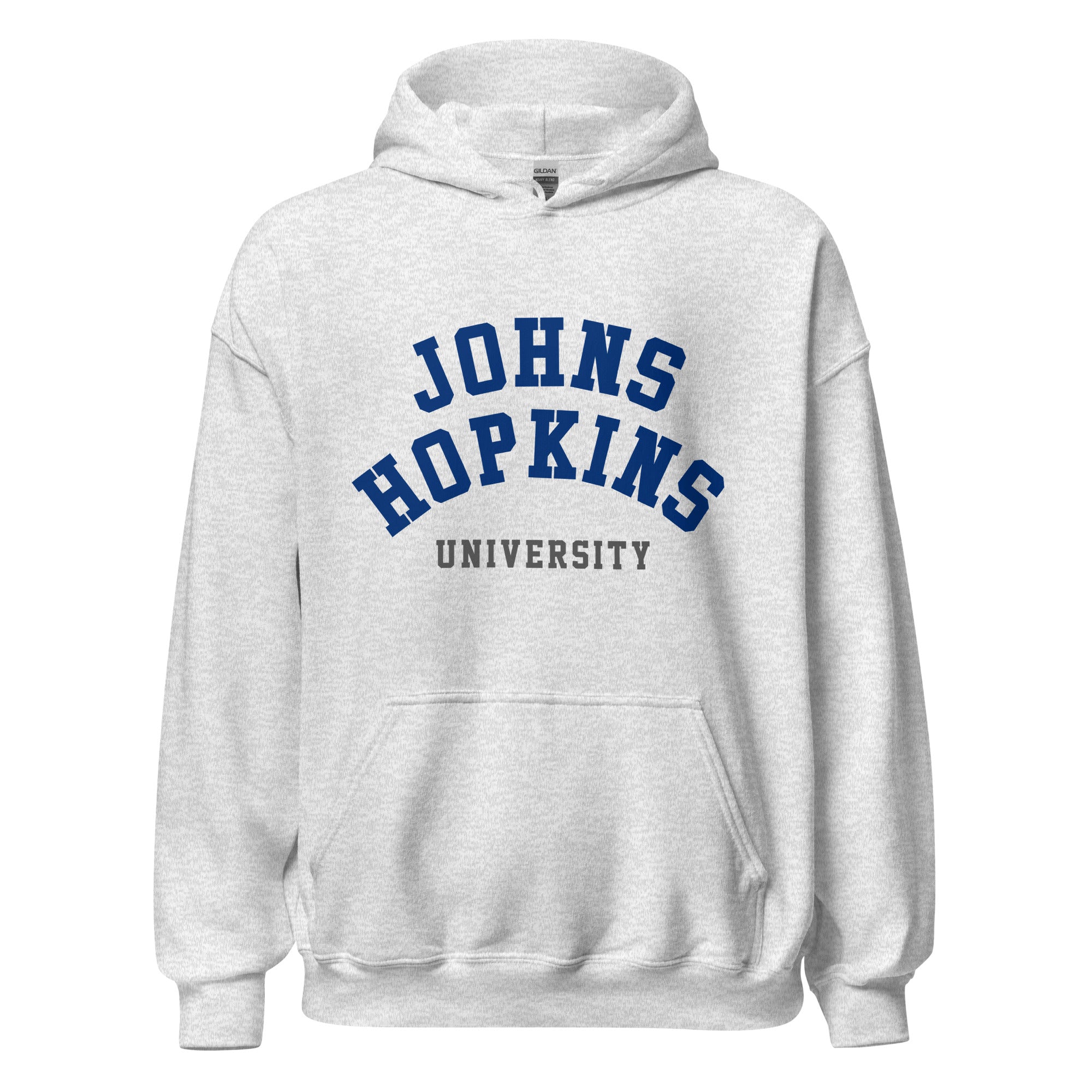 Unisex black hoodie featuring Johns Hopkins University logo printed across the front chest
