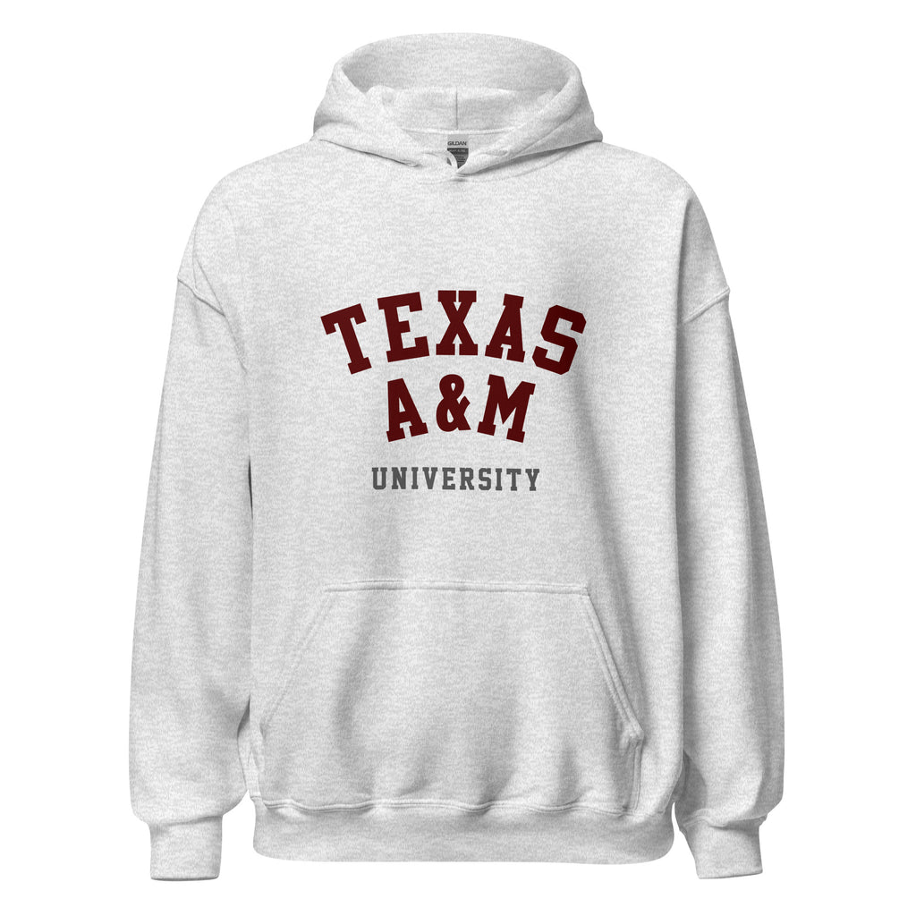 Unisex black hoodie featuring Texas A&M University logo printed across the front chest