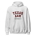 Unisex black hoodie featuring Texas A&M University logo printed across the front chest