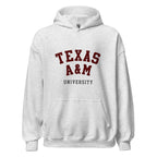 Unisex black hoodie featuring Texas A&M University logo printed across the front chest