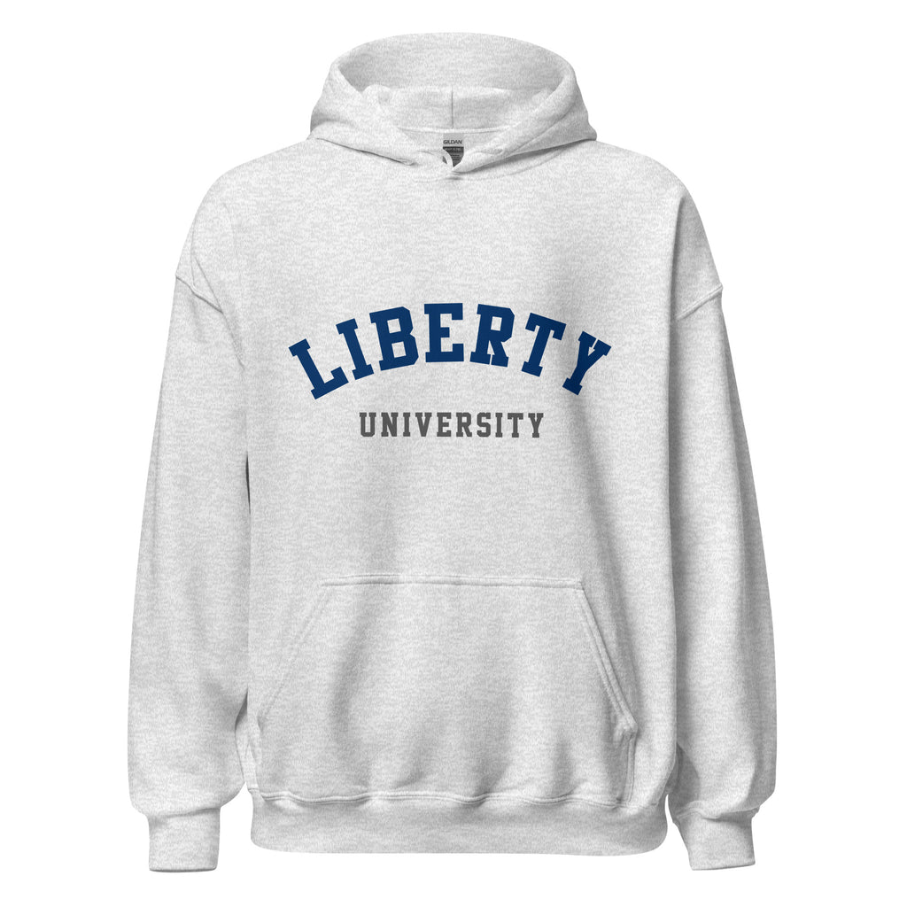 Unisex black hoodie featuring Liberty University logo printed across the front chest