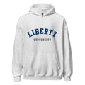 Unisex black hoodie featuring Liberty University logo printed across the front chest