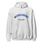 Unisex black hoodie featuring Middlebury College logo printed across the front chest