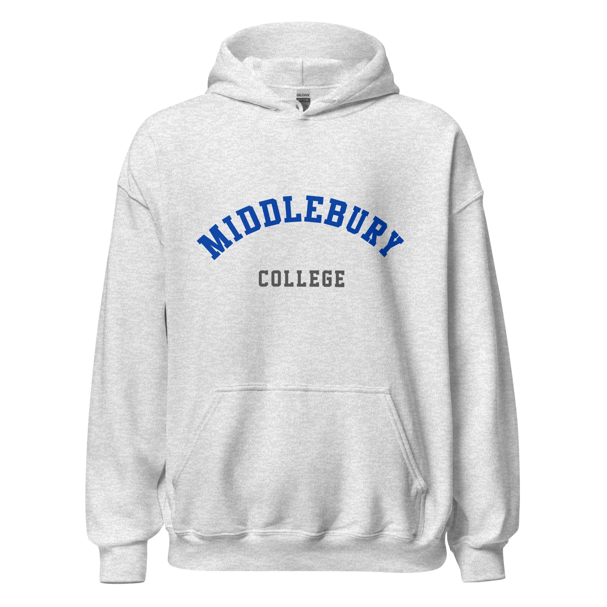 Unisex black hoodie featuring Middlebury College logo printed across the front chest