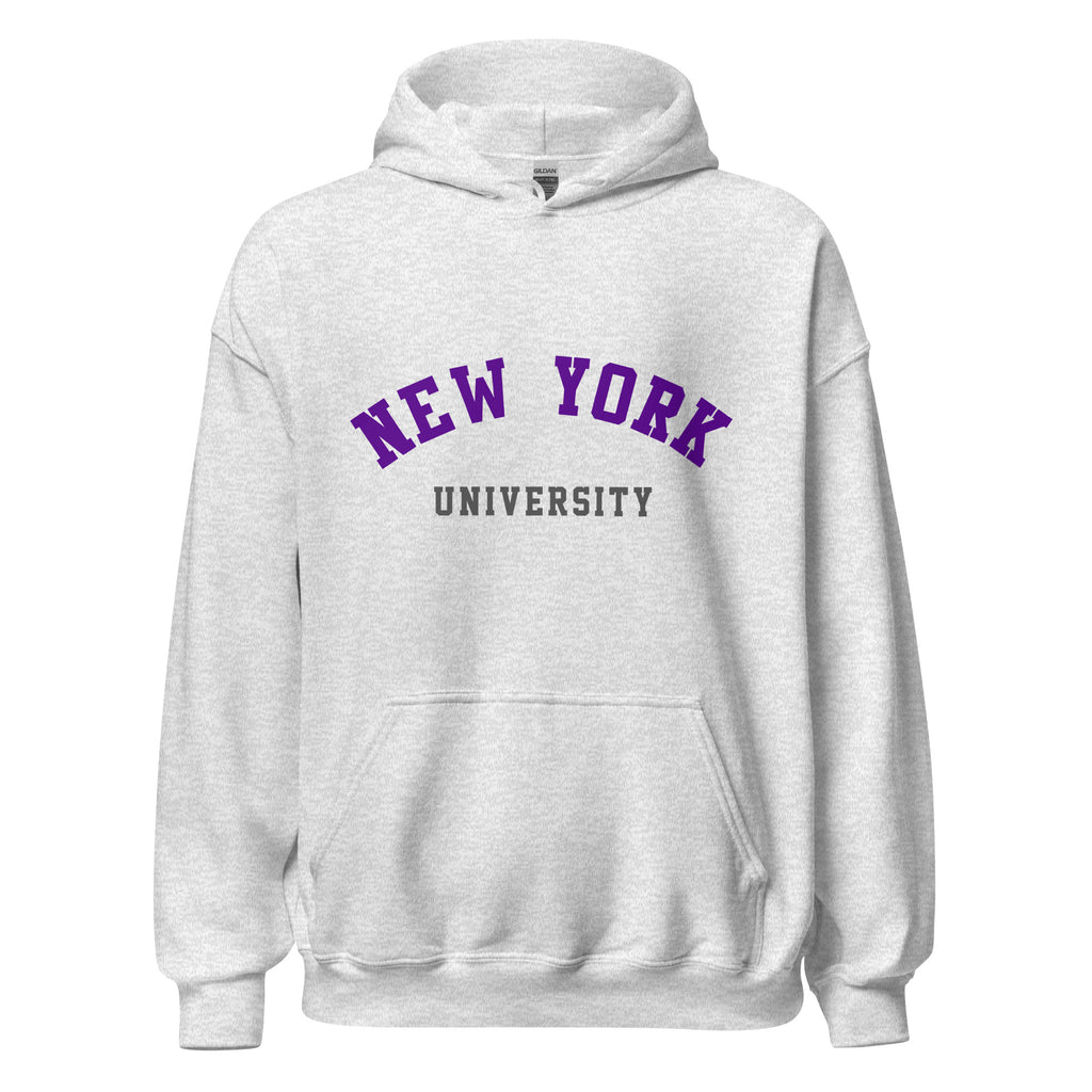 Unisex black hoodie featuring New York University logo printed across the front chest
