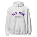 Unisex black hoodie featuring New York University logo printed across the front chest