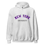 Unisex black hoodie featuring New York University logo printed across the front chest