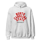 Unisex black hoodie featuring North Carolina State University logo printed across the front chest