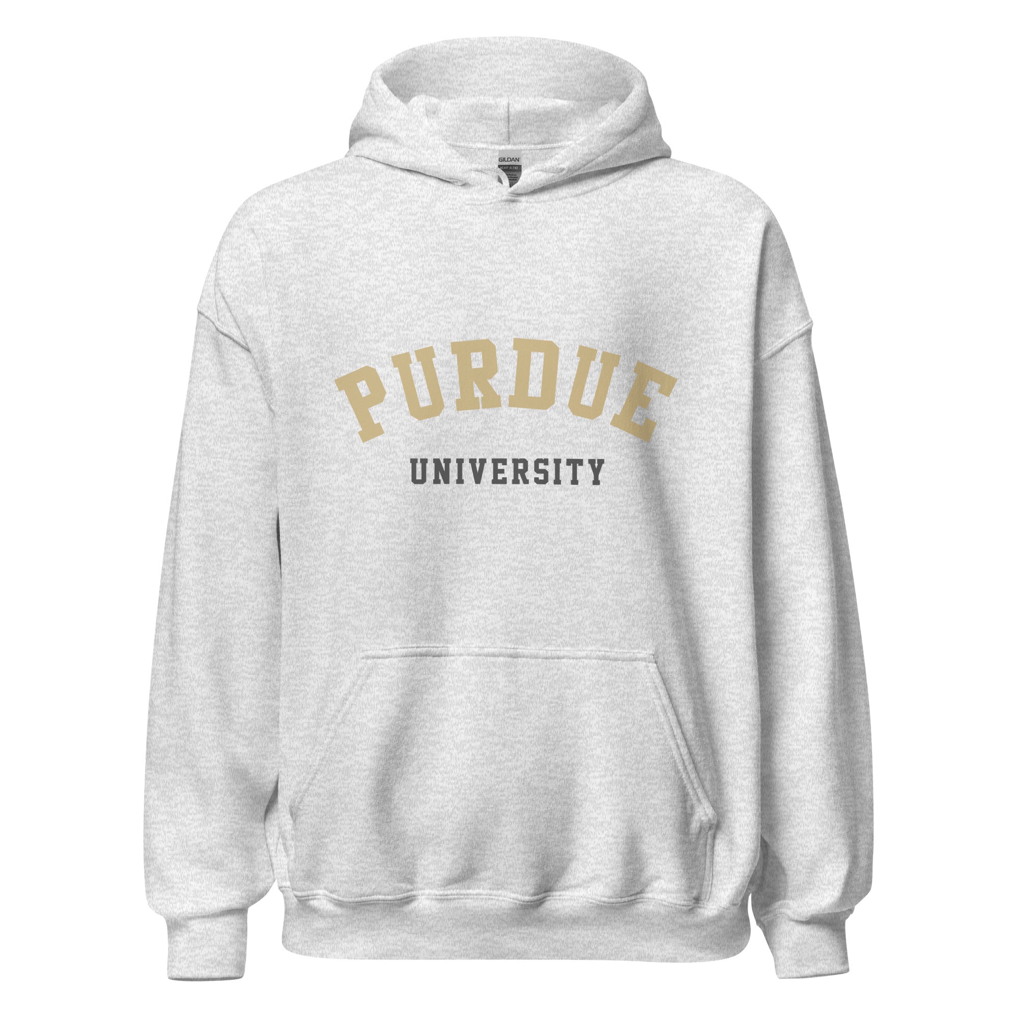 Unisex heather gray hoodie featuring Purdue University logo printed across the front chest