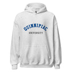 Unisex black hoodie featuring Quinnipiac University logo printed across the front chest
