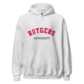 Unisex black hoodie featuring Rutgers University logo printed across the front chest