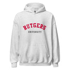 Unisex black hoodie featuring Rutgers University logo printed across the front chest