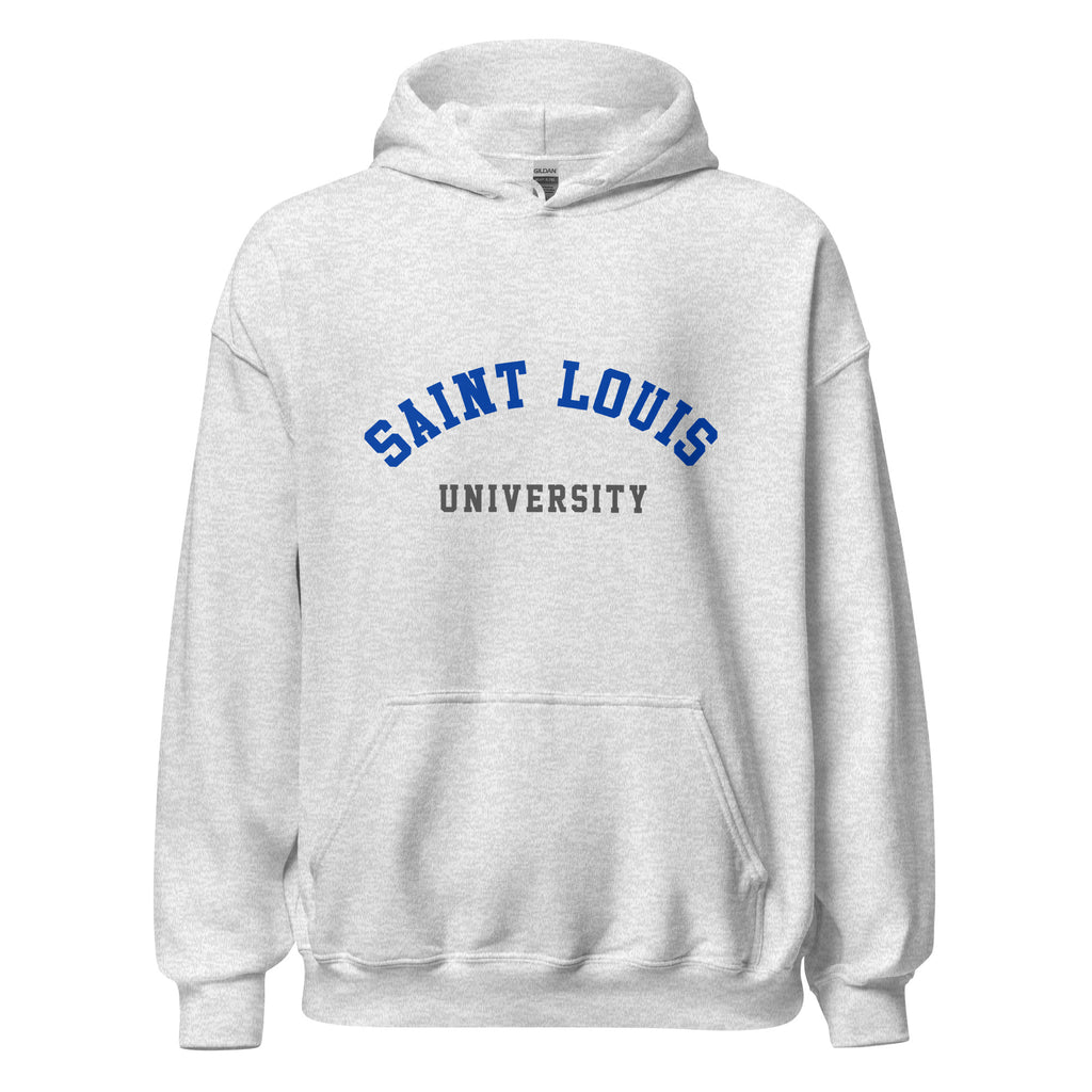 Unisex black hoodie featuring Saint Louis University logo printed across the front chest