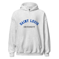 Unisex black hoodie featuring Saint Louis University logo printed across the front chest
