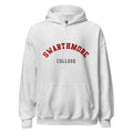 Unisex black hoodie featuring Swarthmore College logo printed across the front chest