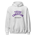 Unisex black hoodie featuring Texas Christian University logo printed across the front chest