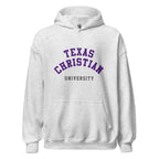 Unisex black hoodie featuring Texas Christian University logo printed across the front chest