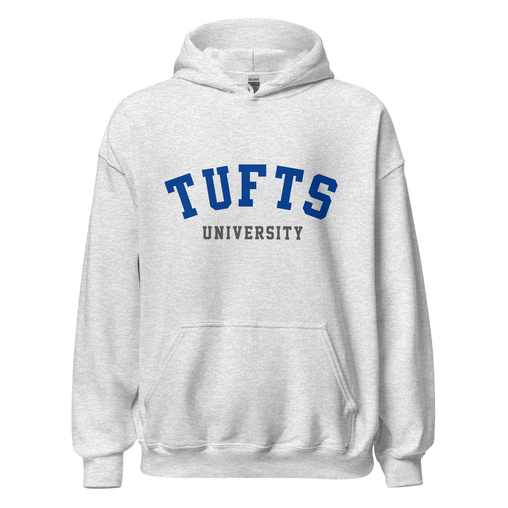 Unisex black hoodie featuring Tufts University logo printed across the front chest