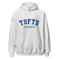 Unisex black hoodie featuring Tufts University logo printed across the front chest