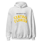 Unisex heather gray hoodie featuring University of Central Florida logo printed across the front chest