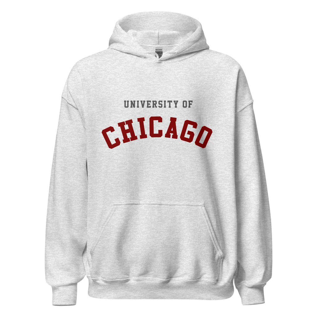 Unisex black hoodie featuring University of Chicago logo printed across the front chest