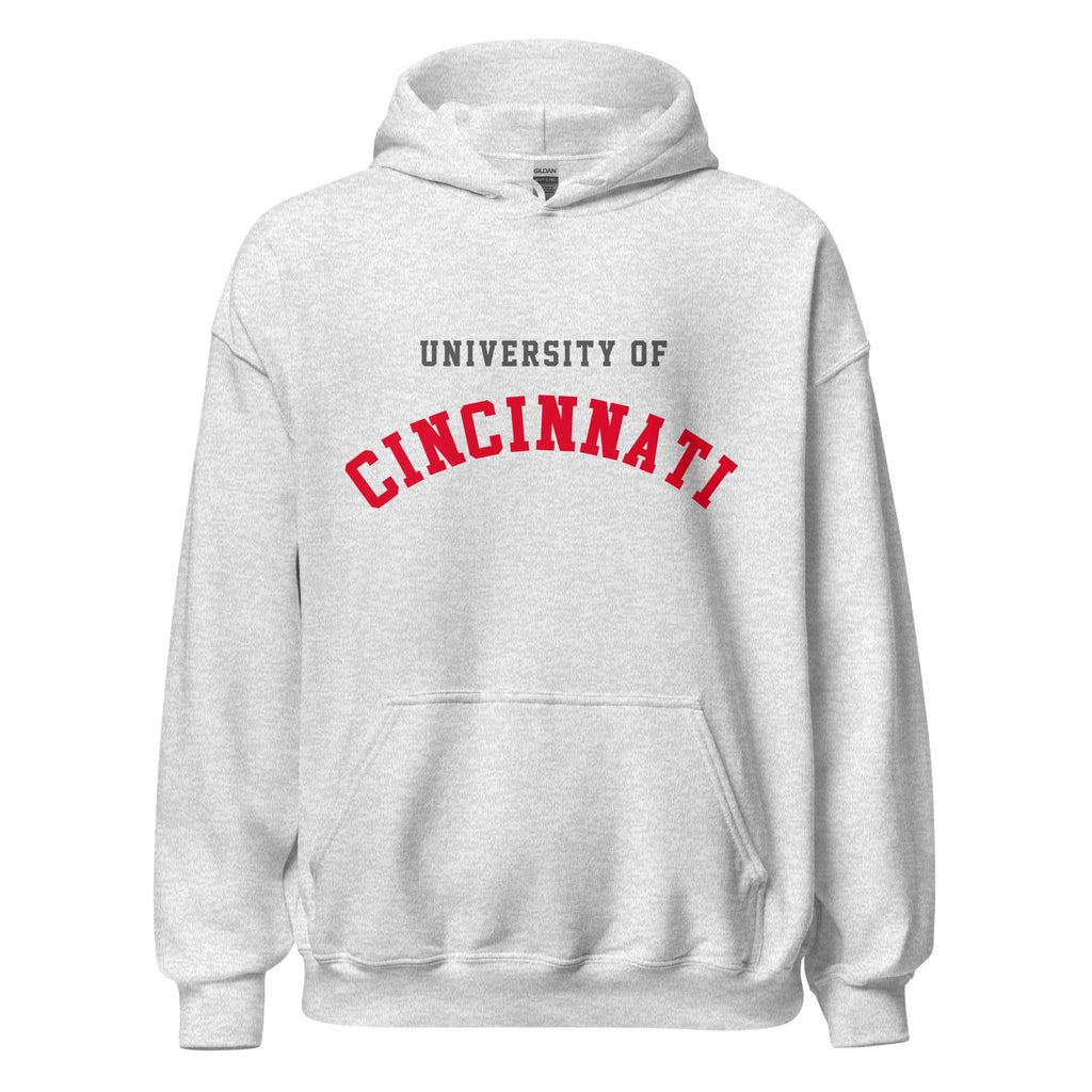 Unisex black hoodie featuring University of Cincinnati logo printed across the front chest