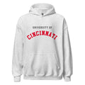 Unisex black hoodie featuring University of Cincinnati logo printed across the front chest