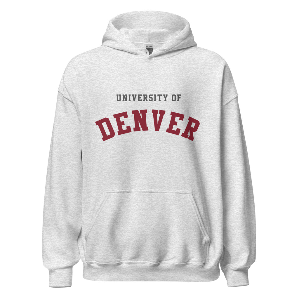 Unisex black hoodie featuring University of Denver logo printed across the front chest