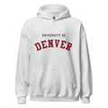 Unisex black hoodie featuring University of Denver logo printed across the front chest