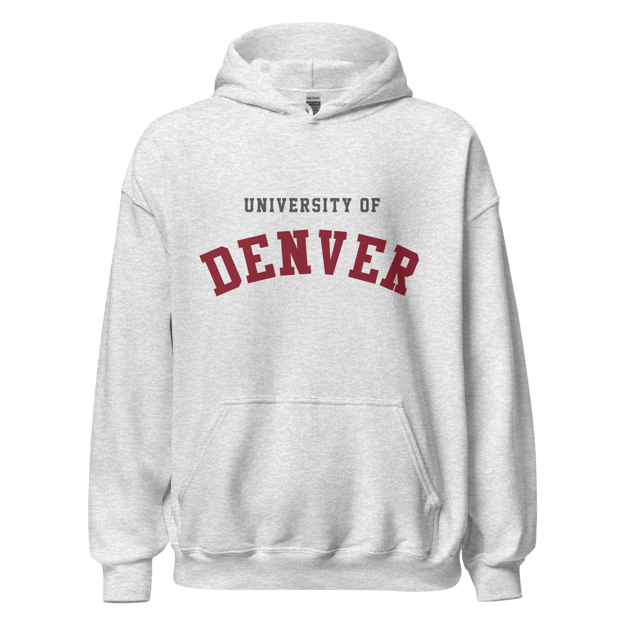 Unisex black hoodie featuring University of Denver logo printed across the front chest