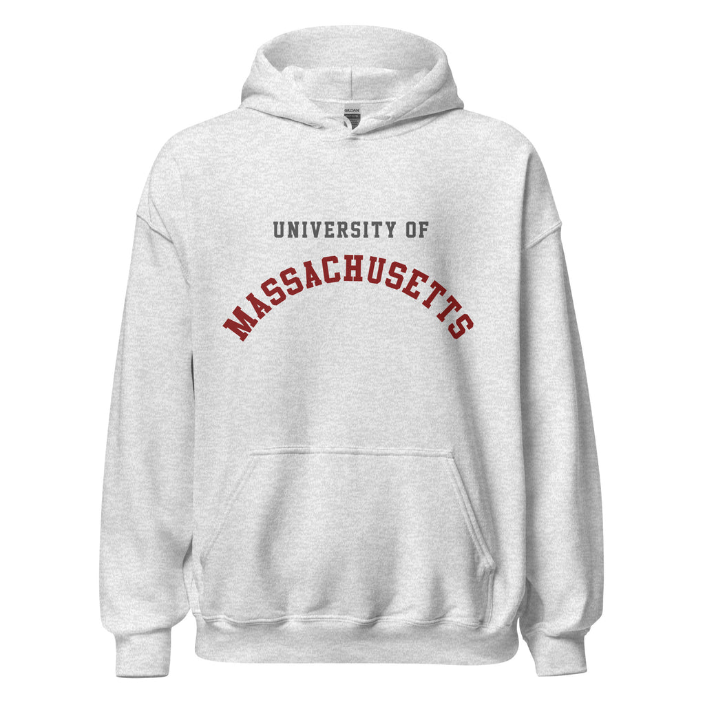 Unisex black hoodie featuring University of Massachusetts logo printed across the front chest