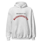 Unisex black hoodie featuring University of Massachusetts logo printed across the front chest