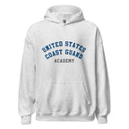 Unisex black hoodie featuring US Coast Guard Academy logo printed across the front chest