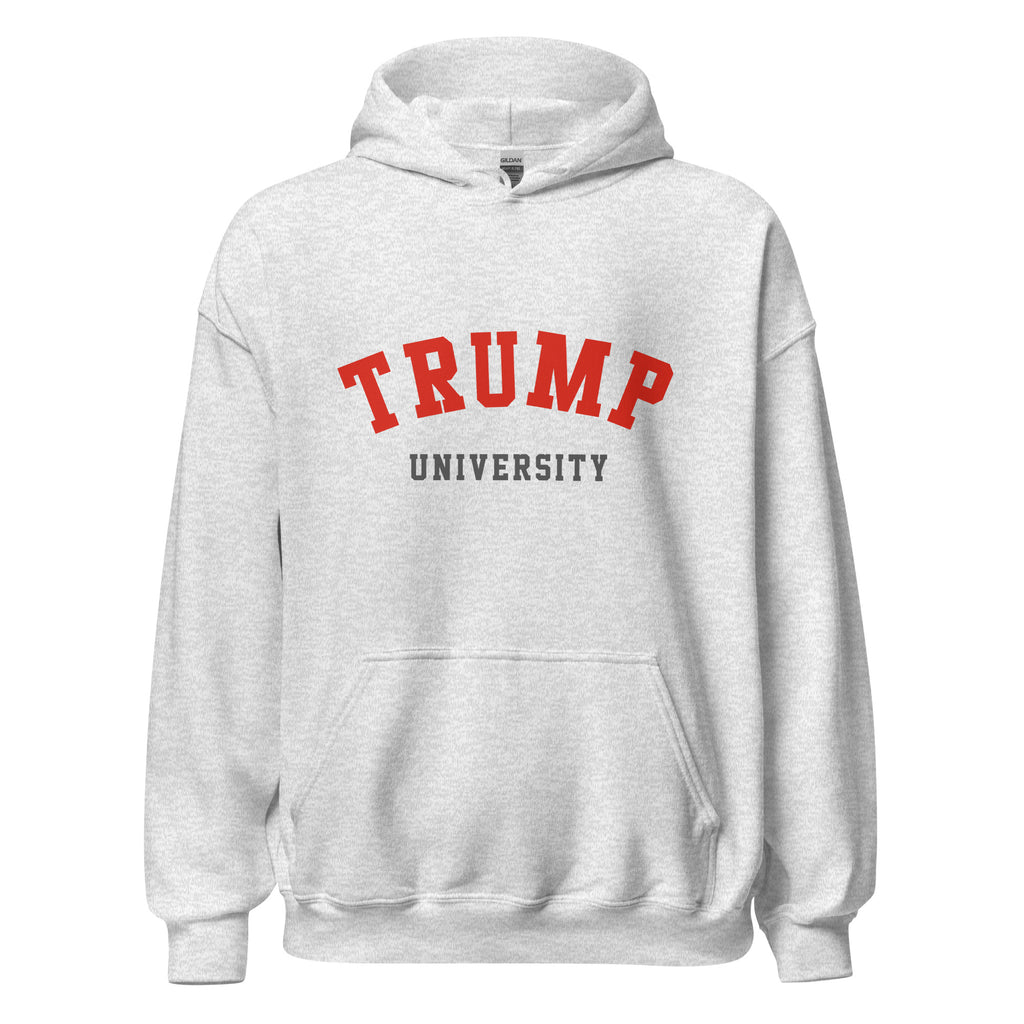 Unisex black hoodie featuring Trump University logo printed across the front chest
