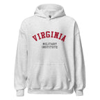 Unisex black hoodie featuring Virginia Military Institute logo printed across the front chest