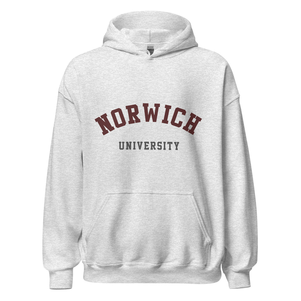 Unisex black hoodie featuring Norwich University logo printed across the front chest