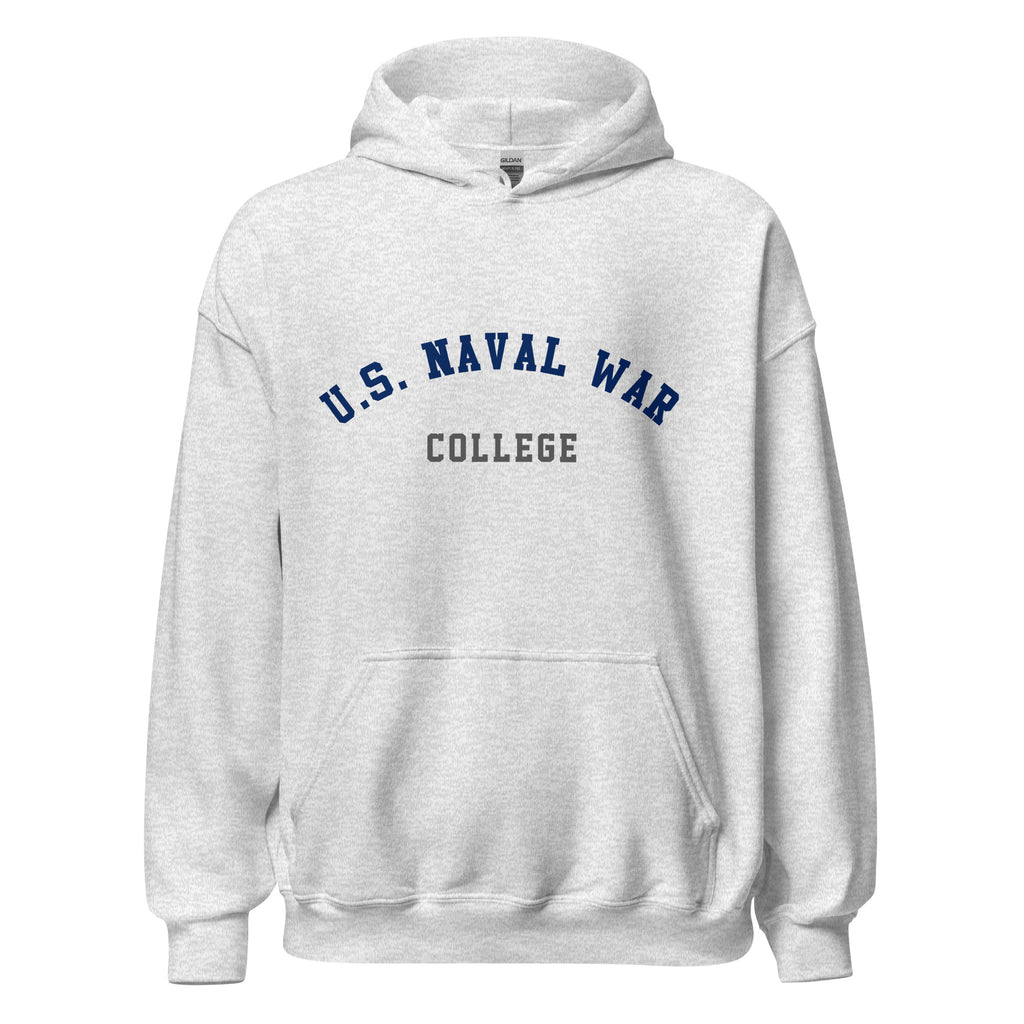 Unisex black hoodie featuring US Naval War College logo printed across the front chest