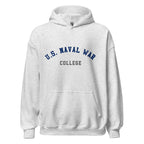 Unisex black hoodie featuring US Naval War College logo printed across the front chest