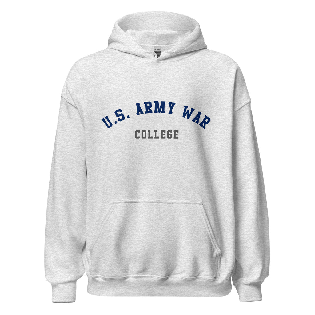 Unisex black hoodie featuring US Army War College logo printed across the front chest