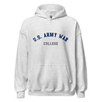 Unisex black hoodie featuring US Army War College logo printed across the front chest