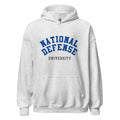 Unisex black hoodie featuring National Defense University logo printed across the front chest