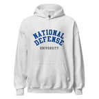 Unisex black hoodie featuring National Defense University logo printed across the front chest